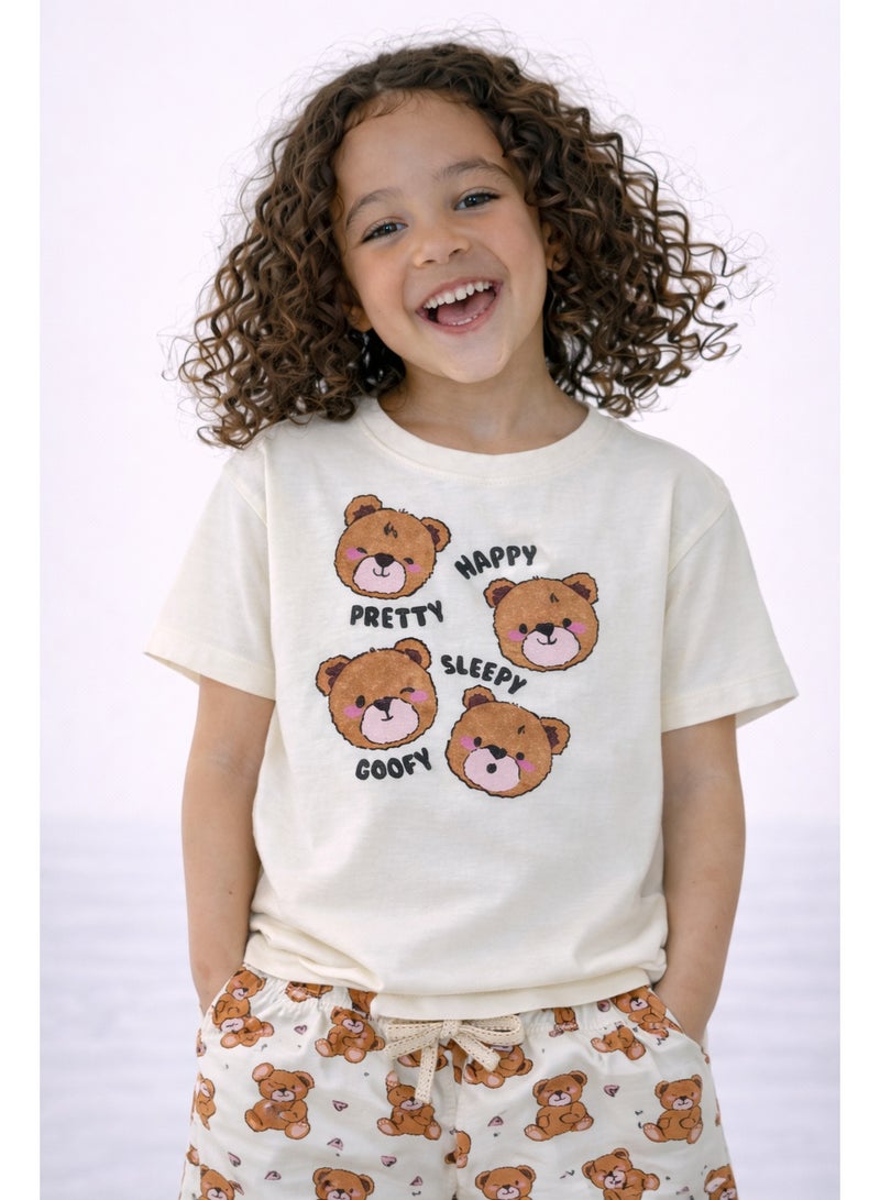 victor and jane Girls’ Pajama Set – Teddy Faces Graphic T-Shirt & All-Over Print Shorts - Image 3